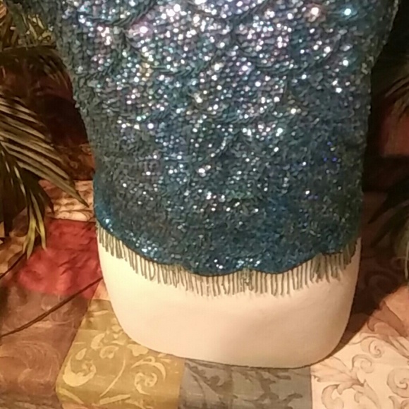 VTG 50's JO RO BOUTIQUE beaded Dk Turquoise Blouse - Picture 3 of 5